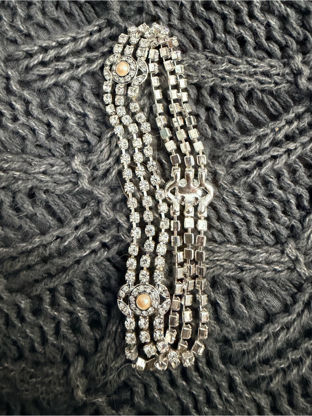 Monet 50’s  Triple Plated Silver Multi-Strand Bracelet with Pearl Centers, 9”